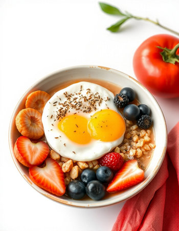 Healthy breakfast with oatmeal, berries and fried egg on white background