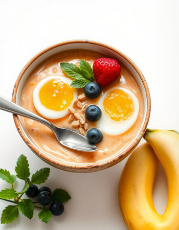 Healthy breakfast bowl with oatmeal, berries and eggs on white background