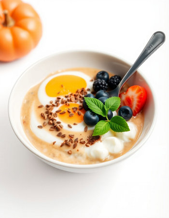 Healthy breakfast bowl with oatmeal, yogurt and fresh berries on white backgroundの写真素材