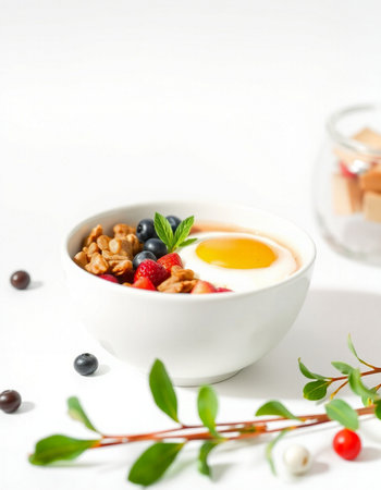 Healthy breakfast with yogurt, granola and berries on white background