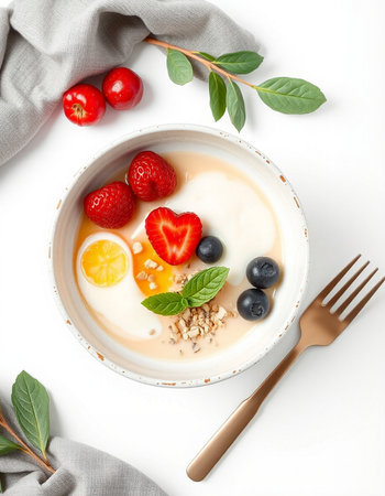 Bowl of tasty yogurt with berries on white background, top view