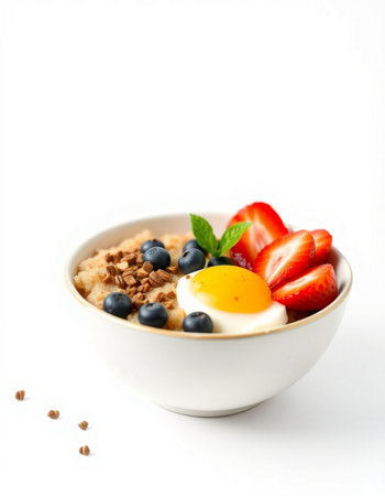 Bowl of oatmeal with fresh berries and egg on white backgroundの写真素材