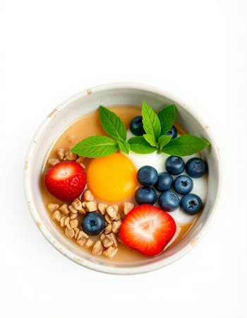 Healthy breakfast bowl with oatmeal, berries, yogurt and granola