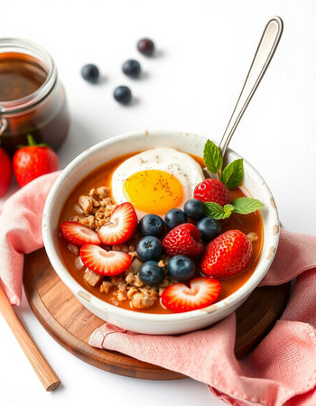 Healthy breakfast bowl with oatmeal, fresh berries and soft-boiled egg