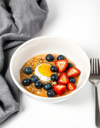 Healthy breakfast bowl with oatmeal, berries and egg on white background