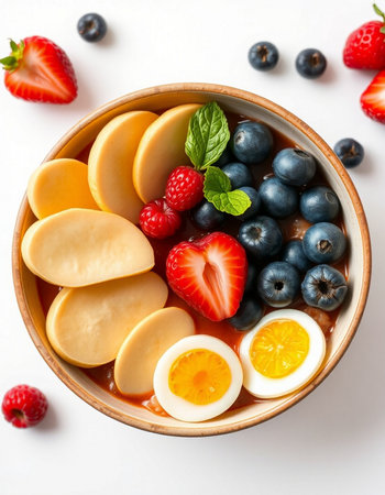 Oatmeal porridge with berries and egg in bowl, top view