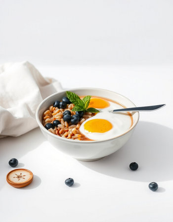 Healthy breakfast with oatmeal, blueberries and fried egg on white background