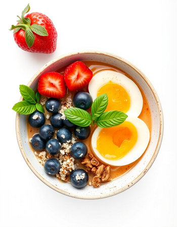Healthy breakfast bowl with oatmeal, blueberries, strawberries and eggs