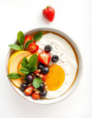 Healthy breakfast with yoghurt, fruits and berries on white background