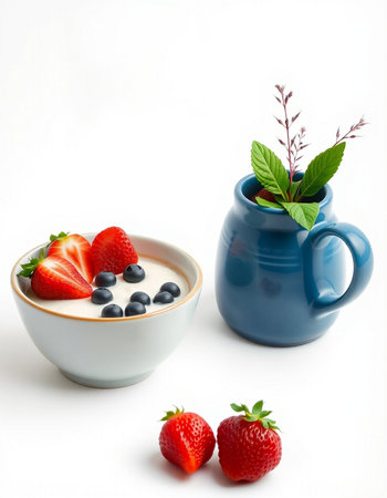 yogurt with fresh strawberries and blueberries in a ceramic jugの写真素材
