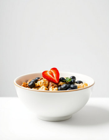 bowl of cornflakes with strawberries and blueberries on white backgroundの写真素材