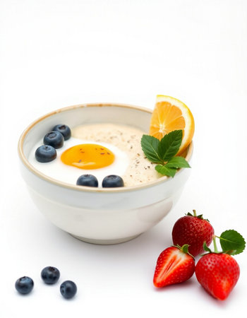 Healthy breakfast with yoghurt, strawberries and blueberries on white backgroundの写真素材