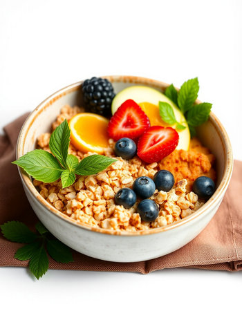 Healthy breakfast bowl with muesli and berries isolated on white
