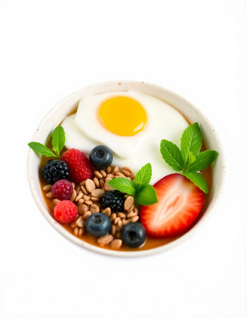 Healthy breakfast with yoghurt, berries and egg on white background