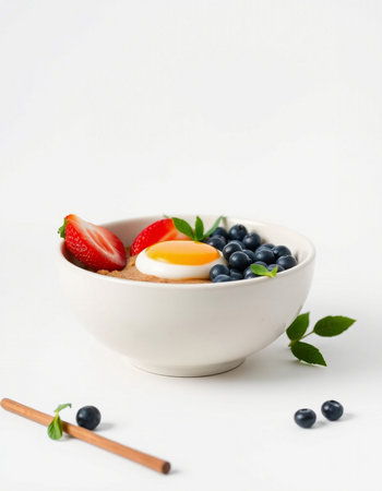 Healthy breakfast with quail eggs and fresh berries on white background