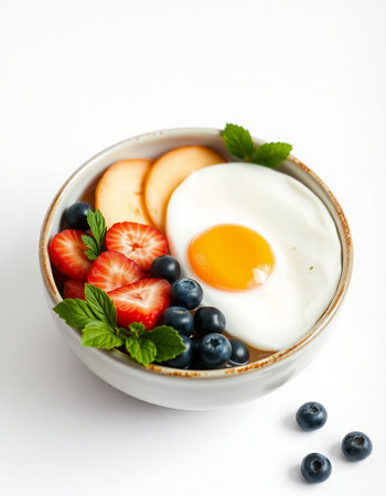 Healthy breakfast with egg, berries and yogurt on white background.