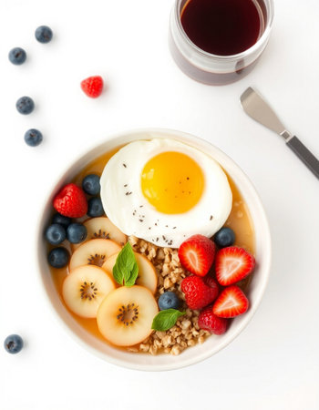 Oatmeal porridge with berries and egg in bowl on white background