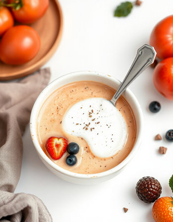 Cup of coffee with whipped cream and fresh berries on white background