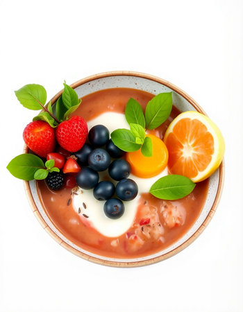 strawberry, blueberry and orange smoothie bowl isolated on white background