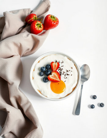 Greek yogurt with fresh berries on white background. Healthy breakfast concept.