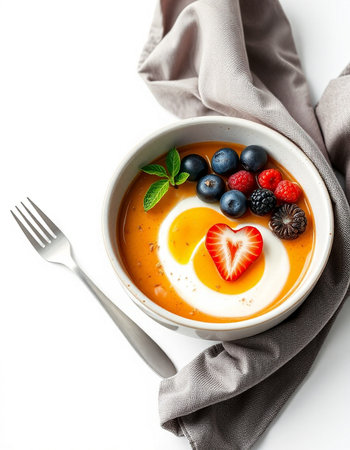 Panna cotta with strawberries, raspberries and blueberries
