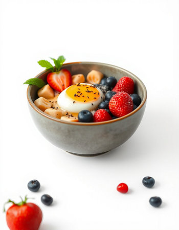 Bowl of oatmeal porridge with fresh berries and fried egg on white background