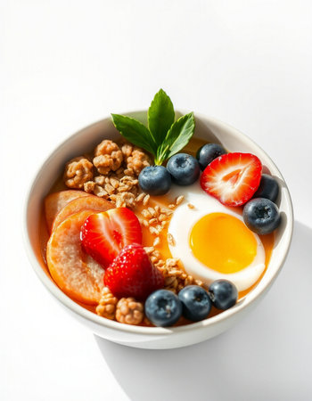 Breakfast bowl with oatmeal, berries and egg on white background