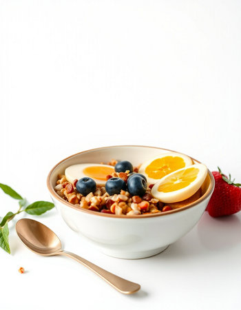 Healthy breakfast with oatmeal, berries and fruits on white background