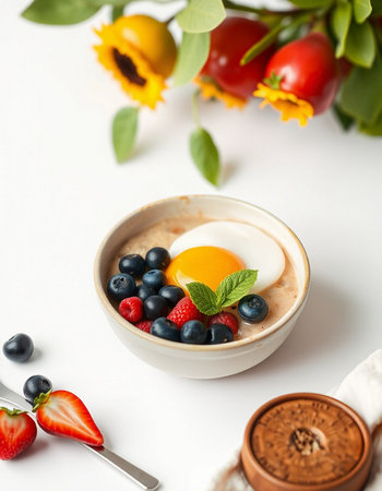 Oatmeal porridge with blueberries, strawberries and omeletの写真素材