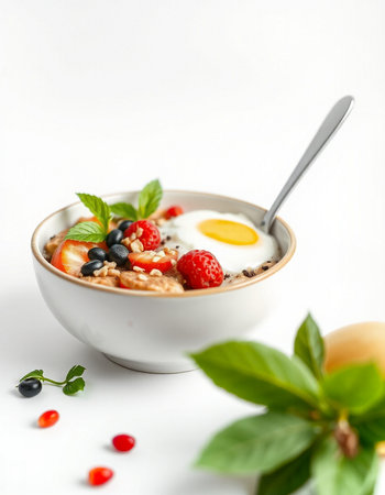 Healthy breakfast with oatmeal, berries and egg on white backgroundの写真素材