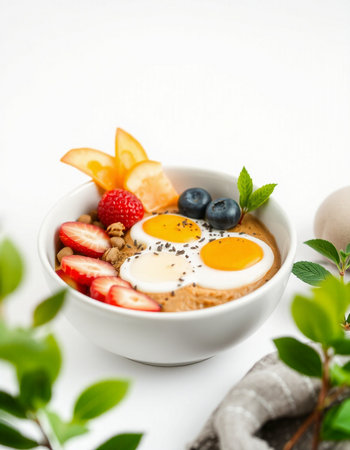 Healthy breakfast bowl with oatmeal, fresh berries and eggs.
