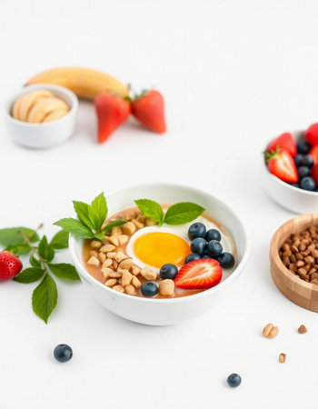 Healthy breakfast bowl with oatmeal, berries, eggs and nuts on white background