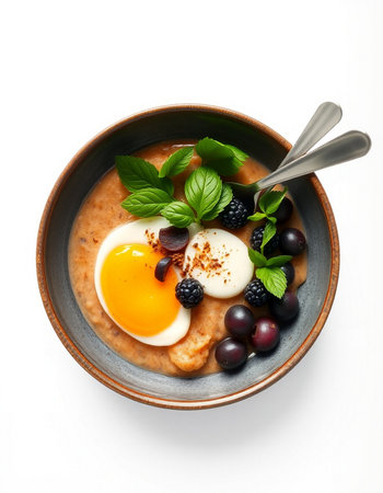 Bowl with porridge and egg on white background, top viewの写真素材