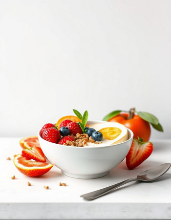 Healthy breakfast with muesli, berries and fruits on white backgroundの写真素材