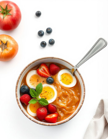 Healthy breakfast with boiled eggs, strawberries and blueberries in bowl on white background