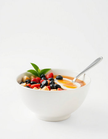 Healthy breakfast with fresh fruit and egg in bowl on white background