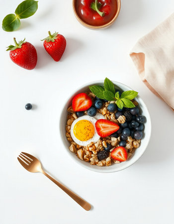 Healthy breakfast bowl with oatmeal, fresh berries and egg on white background