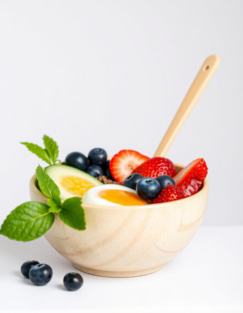 Healthy breakfast with fresh berries and egg in wooden bowl on white background