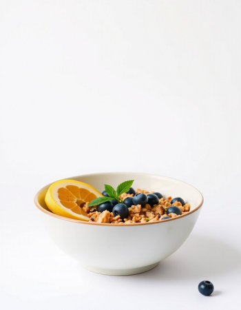 bowl of muesli with fresh blueberries and lemon on white backgroundの写真素材