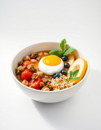 Healthy breakfast bowl with oatmeal, berries, fruits and egg