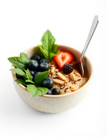 Muesli with fresh berries in a bowl isolated on white background
