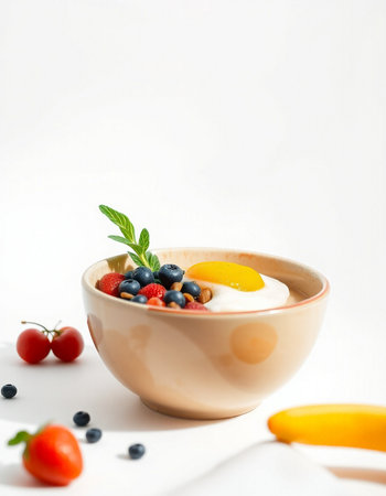 Healthy breakfast with yogurt, berries and fruits on a white background