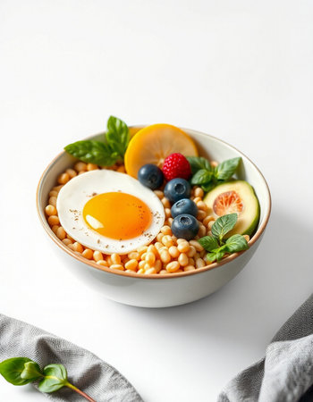 Healthy breakfast bowl with beans, egg and berries on white backgroundの写真素材