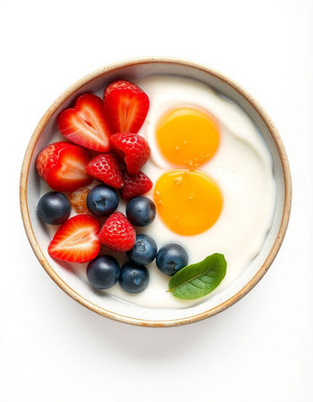Fried eggs with fresh berries in a bowl isolated on white background