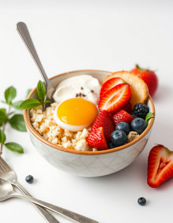 Healthy breakfast with oatmeal, berries and egg on white backgroundの写真素材