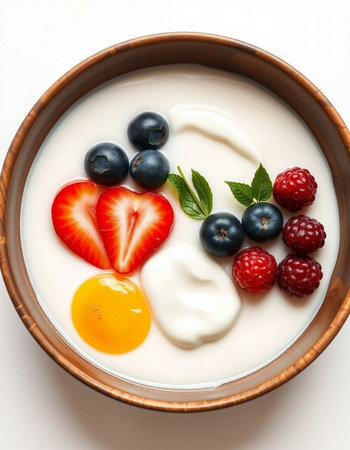 Yogurt with fresh berries in a bowl on a white background
