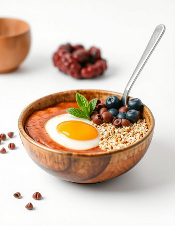 Healthy breakfast bowl with oatmeal, berries and egg in wooden bowl on white background