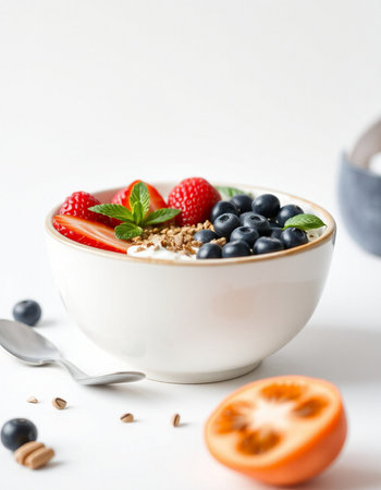 Healthy breakfast with granola, yogurt and fresh berries on white backgroundの写真素材