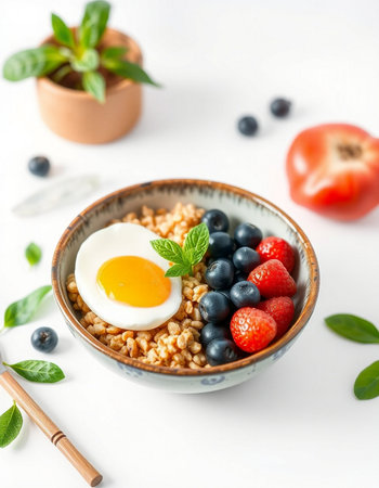 Healthy breakfast bowl with oatmeal, berries and egg on white background