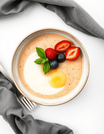 Bowl with tasty omelet and berries on table, top view